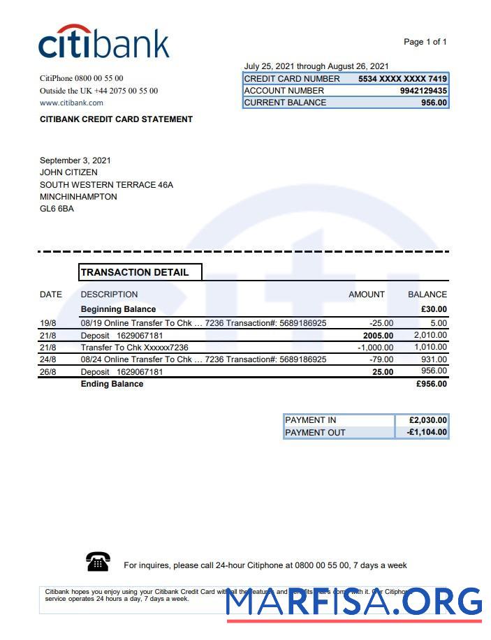 Realistic United Kingdom Citibank bank statement excel example